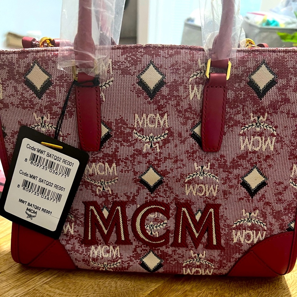 MCM Small Vintage Jacquard Tote Bag Red